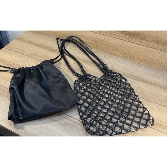 Topshop Woven Shoulder‎ Bag Black Mesh Net Drawstring Boho Tote Purse Women's - Picture 5 of 9